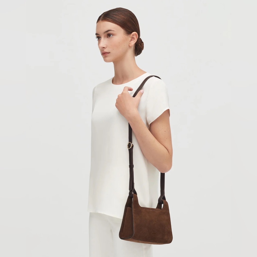 Cuyana Brown Suede Mini Double Loop Crossbody Bag